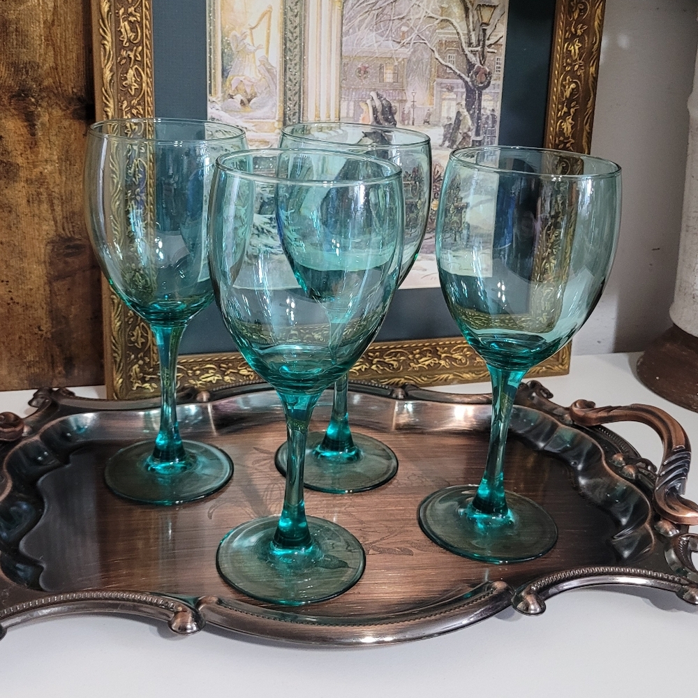 Vintage Luminarc Green Teal Wine Water Glasses, Set Of 4